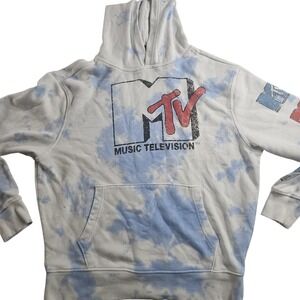 MTV Hoodie Womens Small White Blue Tie Dye Fleece Pullover Graphic Music TV